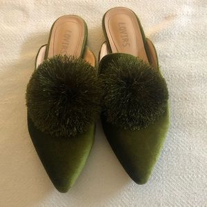 Velvet Green PomPom Mules